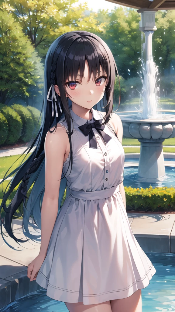 masterpiece, best quality, highres, aasuzune, long hair, black hair, (single braid:1.2), hair ribbon, red eyes, dress, grarden, fountain