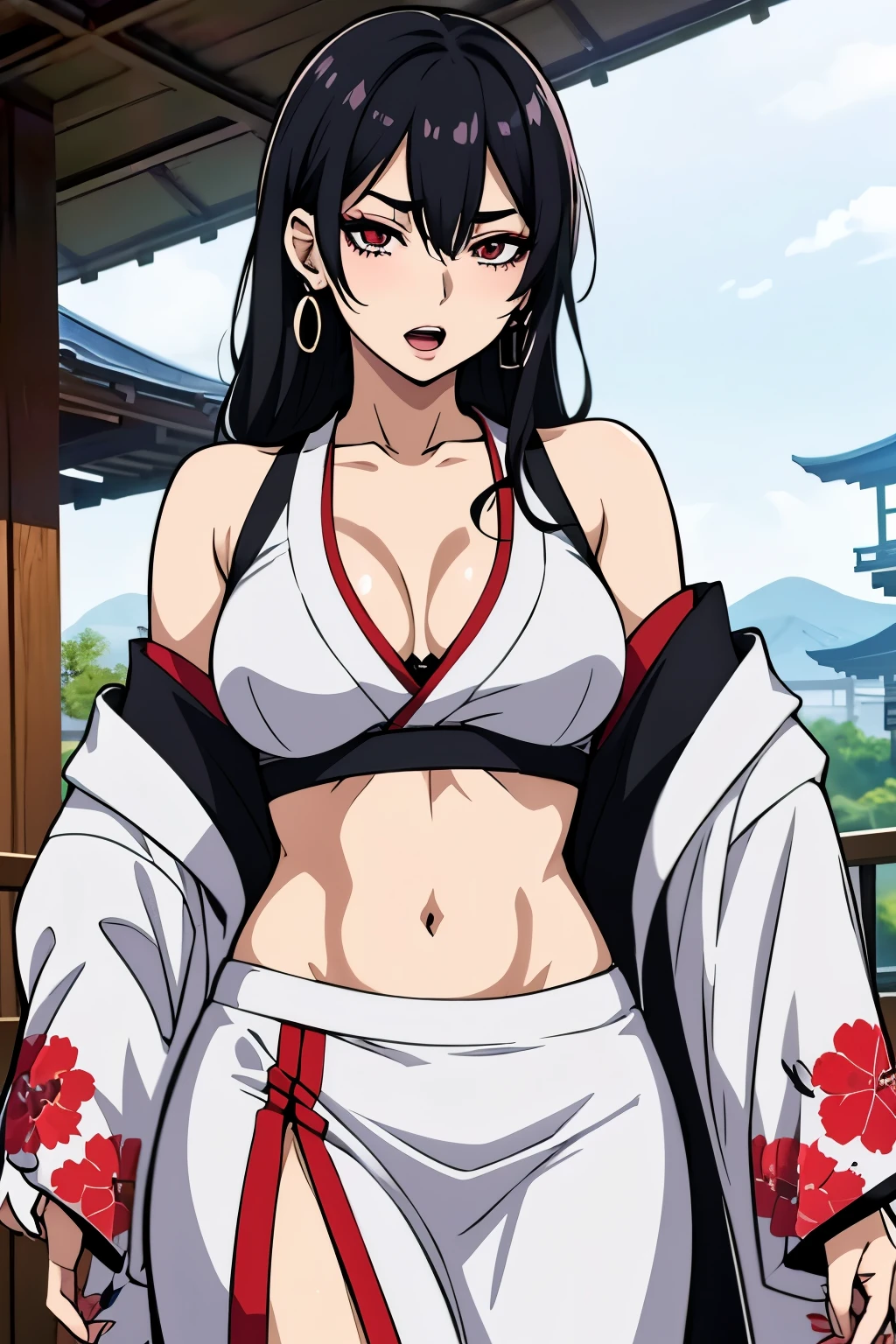 1girl, Dakeda Kaneshiro, tattoo, black hair, masterpiece anime character with long hair and red flowers, inspired by Kusumi Morikage, female anime character, , as a character in tekken, beautiful anime woman, the piercing stare of yuki onna, manhwa, yakuza girl,  earrings, jewelry, long hair, blush, lipstick, Hot girl, baddie, staring, glaring, bad attitude, mean girl, dare, angry, hate, crazy, smoking, sensual, attractive, masterpiece, best quality, highly detailed, a anime girl in kimono dress ,holding sword, bare
shoulder,open kimono, evil smile, open mouth, crop top , (nsfw) not safe for work, smile, ecchi anime
style, anime girls, ecchi style, ecchi, digital anime art!!, in anime style, official artwork, visual novel cg,
beautiful anime girl, anime style 4 k, kimono pencil skirt, exposed belly, exposed navel,
exposed midriff, exposed lower belly, outdoor, japanese architecture, temple