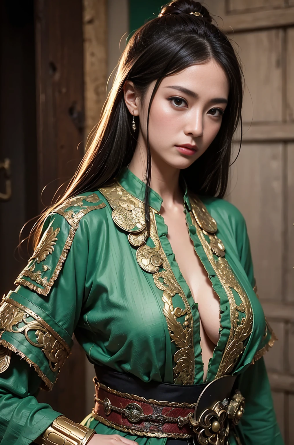 Female guan yu, fantasy theme, beautiful, huge eyes, cute, skinny, small waist, small hip, long straight hair, big saggy breasts:1.7, breasts sparred, realistic big breasts, nipples slipped:1.7, gigantic areolae, ancient armor, green and gold armor torn broken, ((intricate torn shirt, extremely detailed torn clothes, burnt clothes)), after battle, lost a battle, fire burning ancient China city, soft lighting, ultra details, realistic skin, masterpiece, 4k