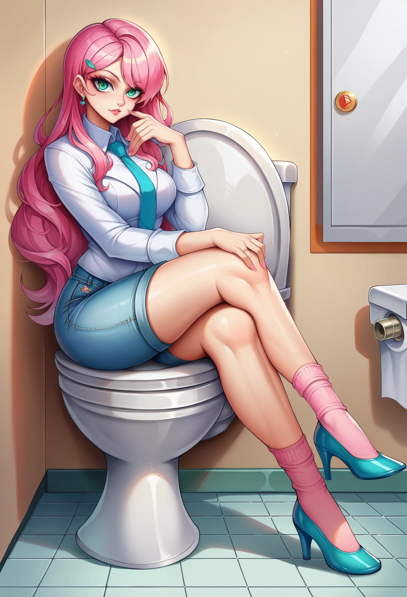 my little pony Sweetie Belle, anthro, humanoid feet, score_9, score_8_up, score_8, sexy 18 year old girl, t-shirt, shirt lifted up, exposed breasts, short skirt, small breasts, tight butt, perfect skinny waist, petite body, perfect face, girl, restroom, glory hole, ejaculation, cum on face, sitting on toilet, female masturbation, fingering vagina, high heeled boots, heavy makeup