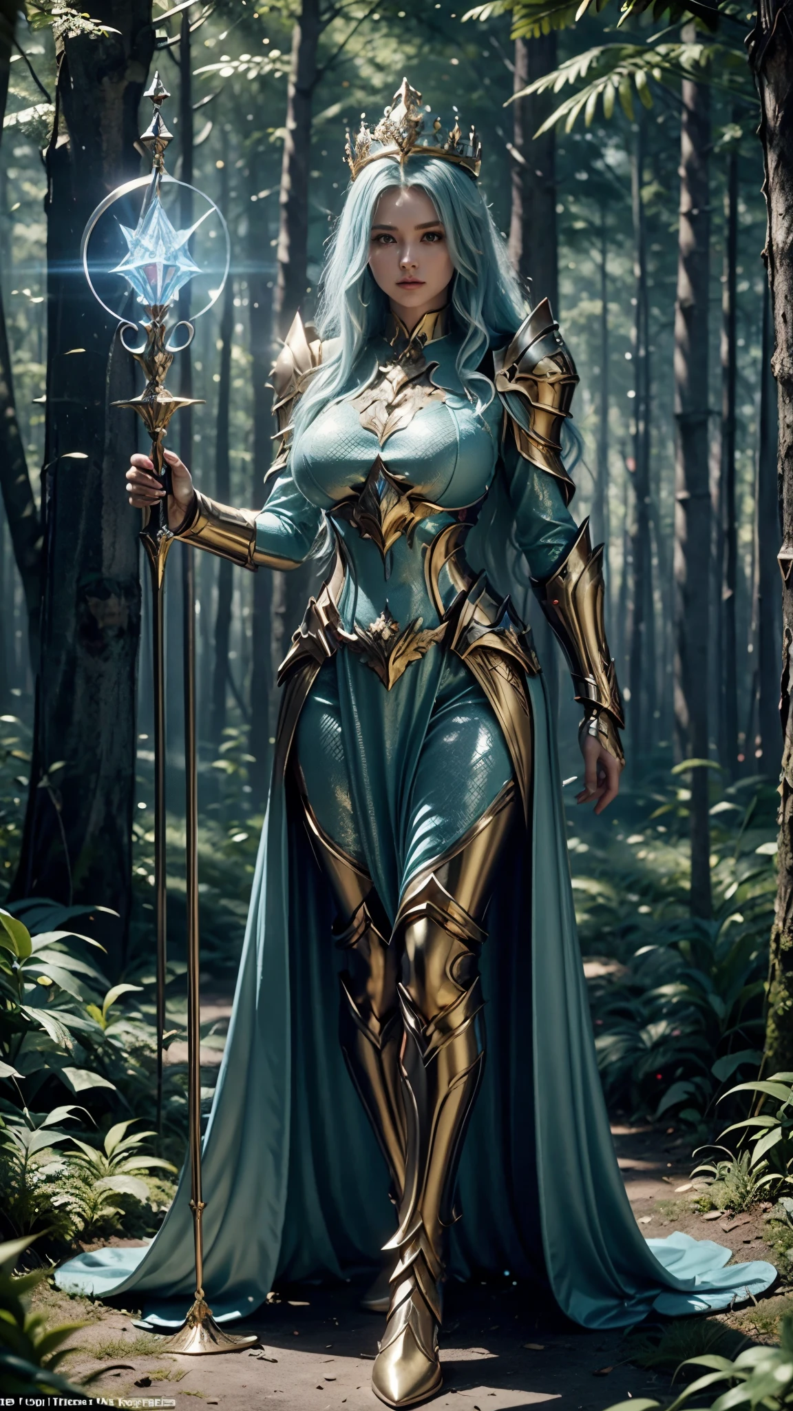 In a pleasant forest, women full body, legs thick, hips. wearing a blue suit of paladin powers, futurist. Armadura templária com detaileds de ouro fino, A goddess with long white hair, ultra detailed eyes, gold Crown, holding a staff with large glowing crystal at the tip of the glowing staff, detaileds: 1.2) 4K ultra-HD, slr digital, soft lighting, high qualiy