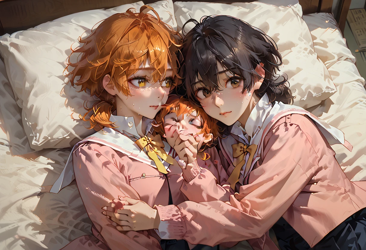 (masterpiece),best quality,cowboy shot,2girls,lying down on the bed,(hugging),1girl,Koito Yuu,orange hair,low short twintails,yellow eyes,school uniform,pink jacket,sailor_collar,yellow bowtie,1girl,ToukoNanami,black hair,long straight hair,black eyes,school uniform,pink jacket,sailor_collar,yellow bowtie,(in heat),