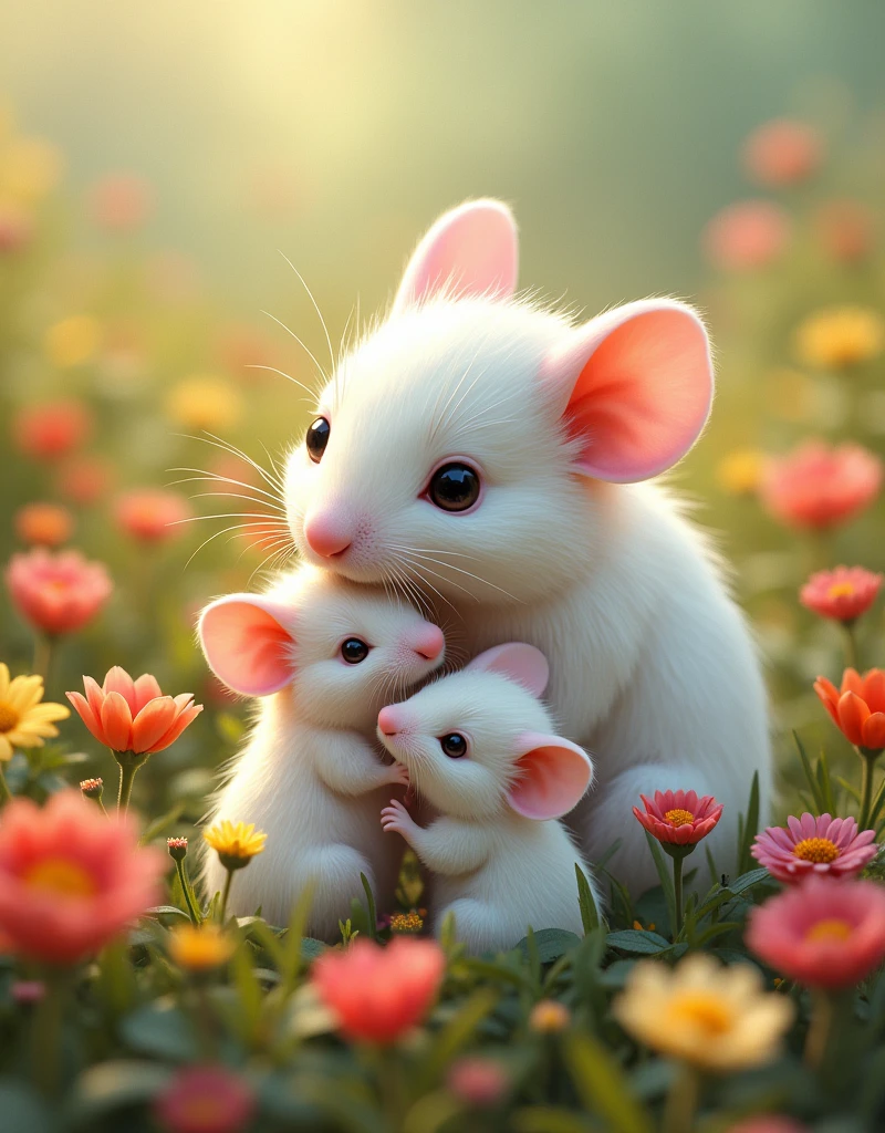 a white mouse family living in a flower field, colorful flowers blooming beautifully, storybook pose, highly detailed, photorealistic, cinematic lighting, vibrant colors, intricate details, soft focus, award winning illustration, masterpiece, art by greg rutkowski, art by alphonse mucha, digital painting