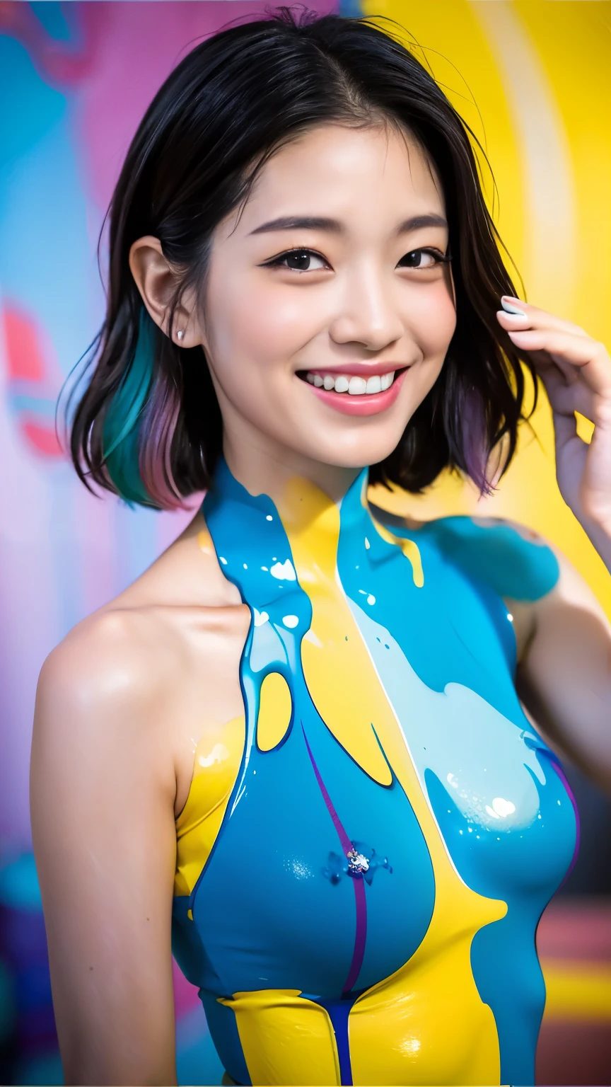((Best Quality, 8K, masutepiece:1.3, 1 girl, Beautiful Girl)), Cute, Dynamism, Detailed face, Detailed skin, Detailed eyes, Detailed lips, Detailed fingers, Detailed mouth, detailed tooth, Detailed tongue, Round eyes, Tear bag, Photorealistic, Raw photo, Natural light, Perfect Anatomy, highres, ((Colorful liquid on the naked body:1.2)), Colorful body, Colorful background, liquid, ecstatic face, half closed eyes, sitting, rainbow colored hair, half closed eyes, sitting, spreading legs, cowboy shot, armpits, white hair
