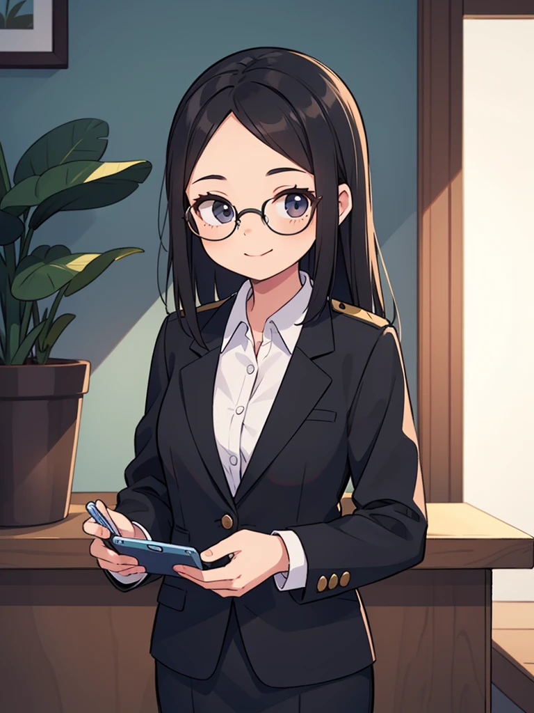 a female lawyer，Smiling, Black medium long straight hair,No bangs on forehead， black professional suit, Professional eyes，wearing glasses，Standing and looking at the phone, calm gaze, Smooth and fair skin, simple interior environment, Uniform lighting, gentle shadow, Professional and clean atmosphere, Front view, close up 