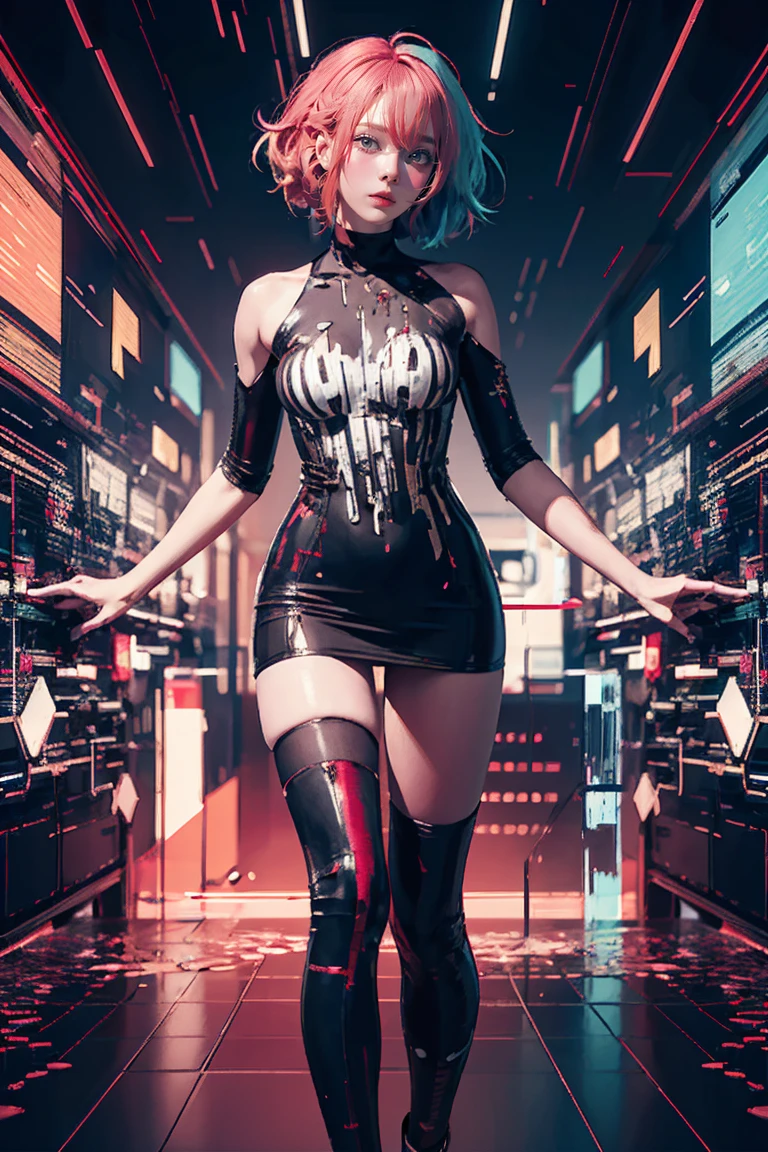 masterpiece, Highest quality, Super detailed, Official Art, fair, 1 girl, (Glitch Art:1.3), (Rich and colorful:1.2), Colorful Hair, length, Valentine&#39;s Day, chocolate, heart,Large Breasts,Tiny waist NSFW