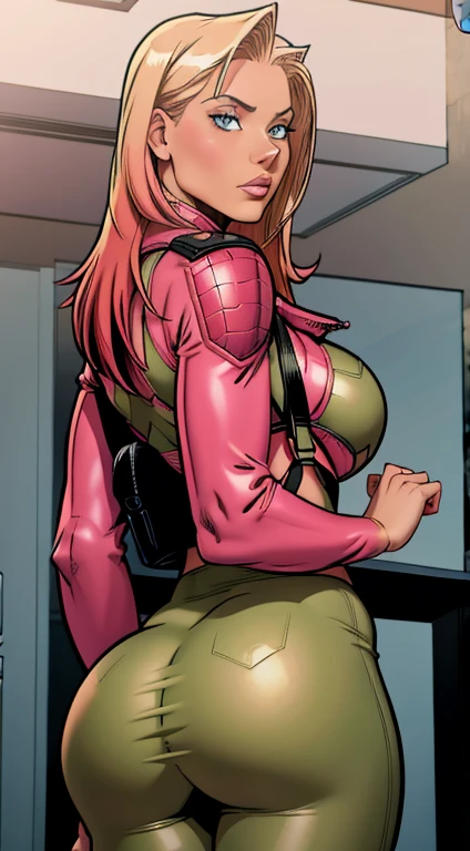 .2 woman , long and smooth red tone hair, bright and expressive blue eyes, she opted for a pink military outfit. Booty, busty. Comic style. Marvel comics. Bagpack