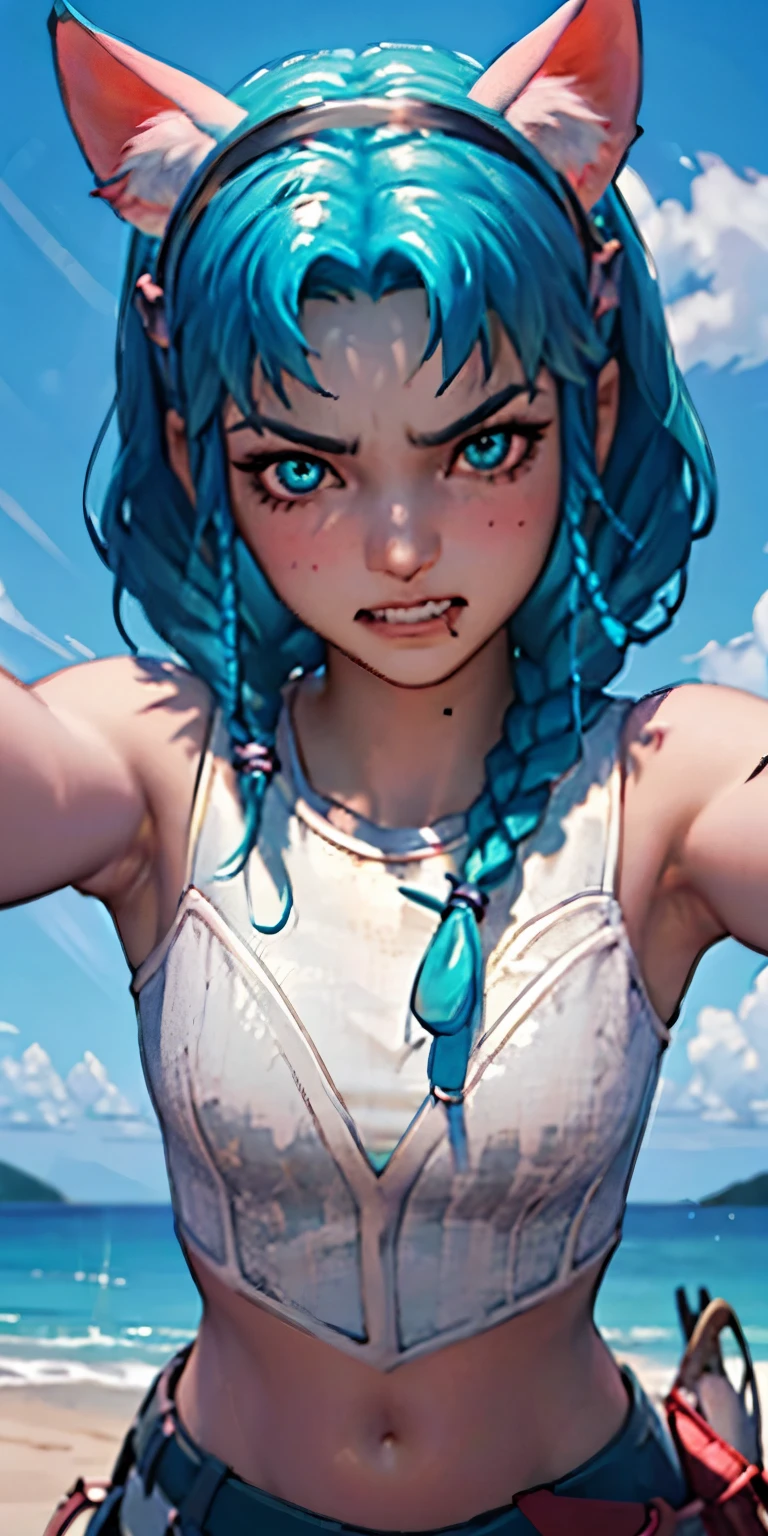 SplitScreen, split screen, Beach background, 2D, anime, heart-shaped pupils, heart-shaped_pupils, 20-year-old girl, 1girl, aqua hair, twin braids, short hair, aqua eyes, aqua eyeshadow, (blush:1.1),upper body,heart, (speed lines:1.1),medium breasts, outstretched arms, love, navel, cat ears headband, fake cat ears, hairband, white crop top, angry, ((clenched teeth:1.2)), looking at viewer, facing viewer