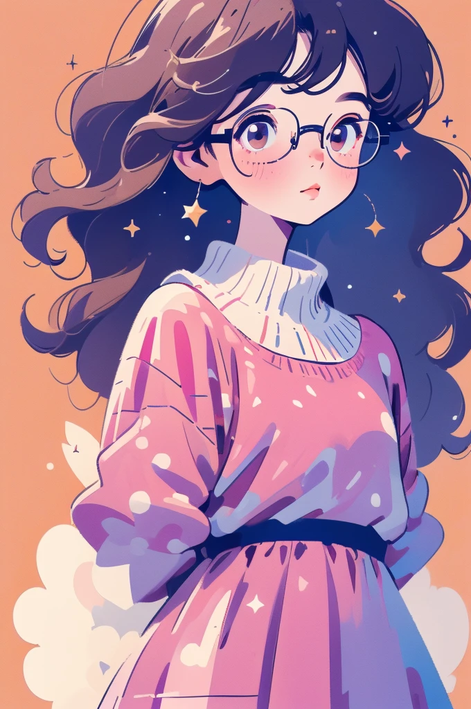 (best quality, 4k, 8k, high resolution, masterpiece:1.2), ((masterpiece)), (((best quality))), (({soft aura})) ((masterpiece)), (((best quality))), Short wavy black hair, cute wavy bangs, pink round glasses, brown eyes, long eyelashes, small freckles on her cheeks, cute blue dress, cute stars around her, sparkle in her eyes.