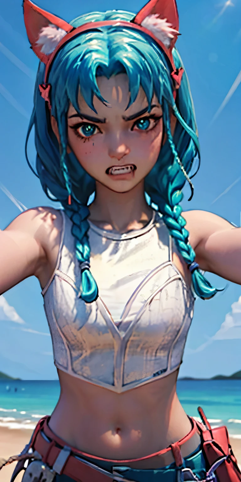 SplitScreen, split screen, Beach background, 2D, anime, heart-shaped pupils, heart-shaped_pupils, 20-year-old girl, 1girl, aqua hair, twin braids, short hair, aqua eyes, aqua eyeshadow, (blush:1.1),upper body,heart, (speed lines:1.1),medium breasts, outstretched arms, love, navel, cat ears headband, fake cat ears, hairband, white crop top, angry, ((clenched teeth:1.2)), looking at viewer, facing viewer