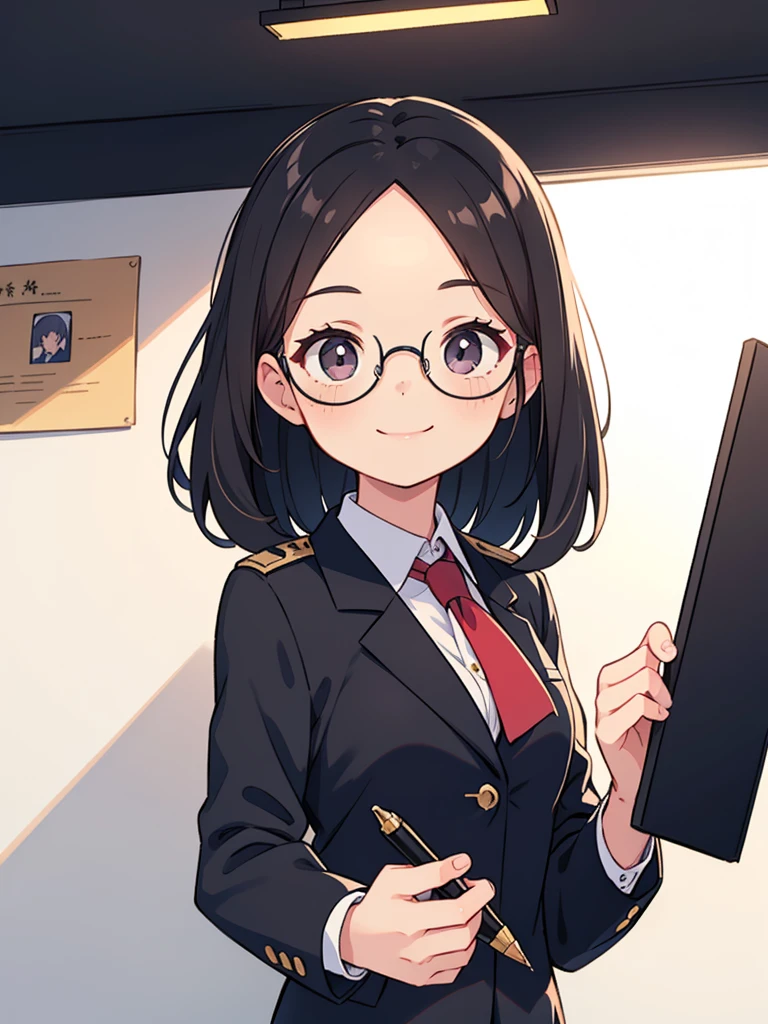 a female lawyer，Smiling, Black medium long straight hair,No bangs on forehead， Professional set, Professional eyes，wearing glasses，Stand with your right hand raised，holding a pen, Smooth and fair skin, simple interior environment, Uniform lighting, gentle shadow, Professional and clean atmosphere, Front view, close up 