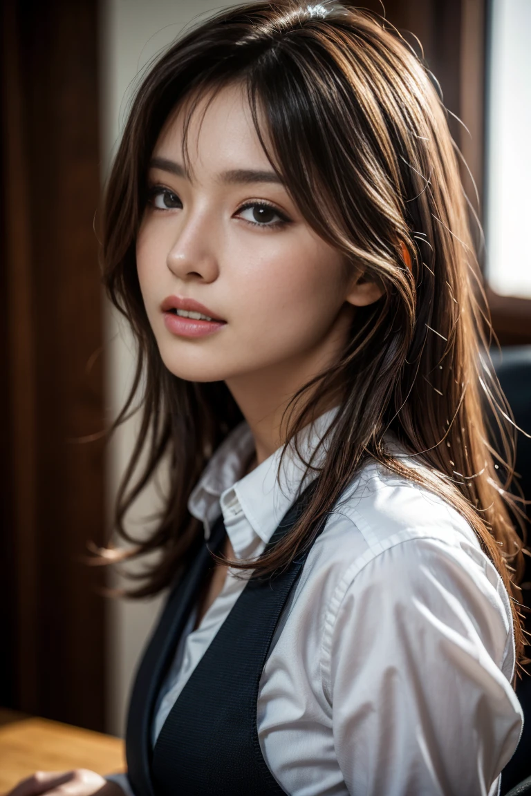 Photo studio、Brown leather blazer suit with rubber texture、Shiny maroon bra、Cleavage、（Large Breasts:1.4)、Japanese、Gravure idol、Cute 18 year old girl,Black hair in a ponytail, masterpiece, 最high quality, 超high quality, high quality, High resolution, 超High resolution, Absurd, 4K, 8k, 16K, Very detailed, Realistic, photo Realistic, RAWphotograph, photograph, Super Fine Illustration,Beautiful Face、Realistic Face、(Ultra detailed hair)、(Ultra-detailed eyes)、Beautiful details、Realistic Skin、Perfect Anatomy、(Detailed skin)、Beautiful Skin、Charm、Ultra high definition、Ultra-realistic、Correct Anatomy, Perfect proportions