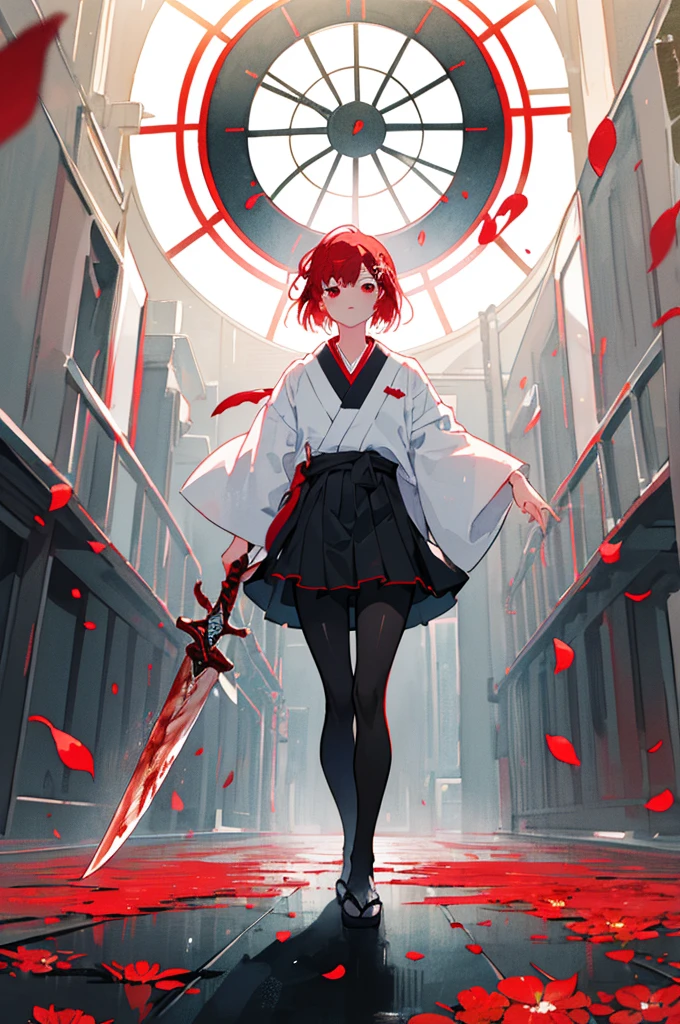 Goth girl,(red short hair),(((red short hair))), red eyes, (((full body))),(red hair), (((((Hold a red sword))))), (angry face),((Black suits style)),((Blood fog)),light shafts, soft focus, ((wearing black skirt))),short hair,((japanese hair ornament)),Fighting stance,{{{{{watercolor (medium)}}}},(((masterpiece))),((white clock)),((ultradetailed)),((wearing black pantyhose)),flowing hair,Exquisite Flame,dynamic angle, floating, (shine), extremely delicate and beautiful girls, bright skin, lying red petals,Holy lighting,