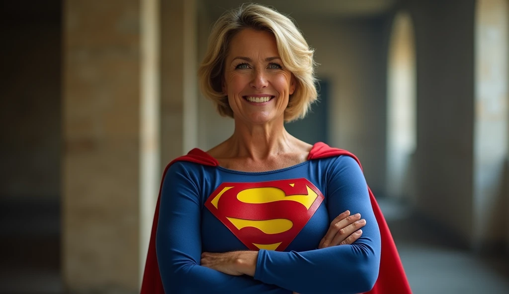 (((very beautiful old Supergirl (((1984s costume))) Julie Hagerty)))   Super old woman Julie Hagerty; confident, powerful, indestructible, attractive; big and firm chest; strong breasts; arms crossed. HD. Photograph, ((realism)), extremely high quality RAW photograph, ultra detailed photograph, sharp focus, high resolution, (detailed skin:1,3),high quality, film grain, Fujifilm XT3,Highly Detailed, movie, (Cinematic Photo:1.3) of (Realistic:1.3)