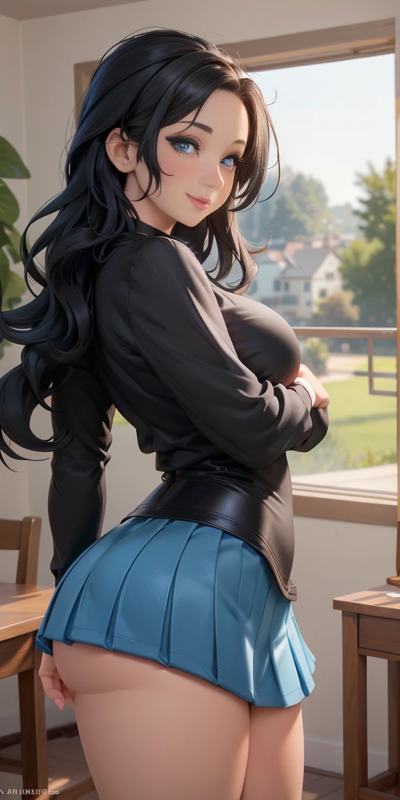 Medium round breasts, (1 mature Girl), ((black hair: 5.2, long and messy wavy, hair over one eye)))), blue eyes, double eyelids, light effect in the eyes, wide hips, blouse red long sleeve, tiny pleated skirt, naughty smile, ((sexy body)), solo, best quality, masterpiece, portrait, flirting with viewer, sensual pose, detailed, perfect anatomy, detailed art, high definition, 4k , high resolution, inside the country house