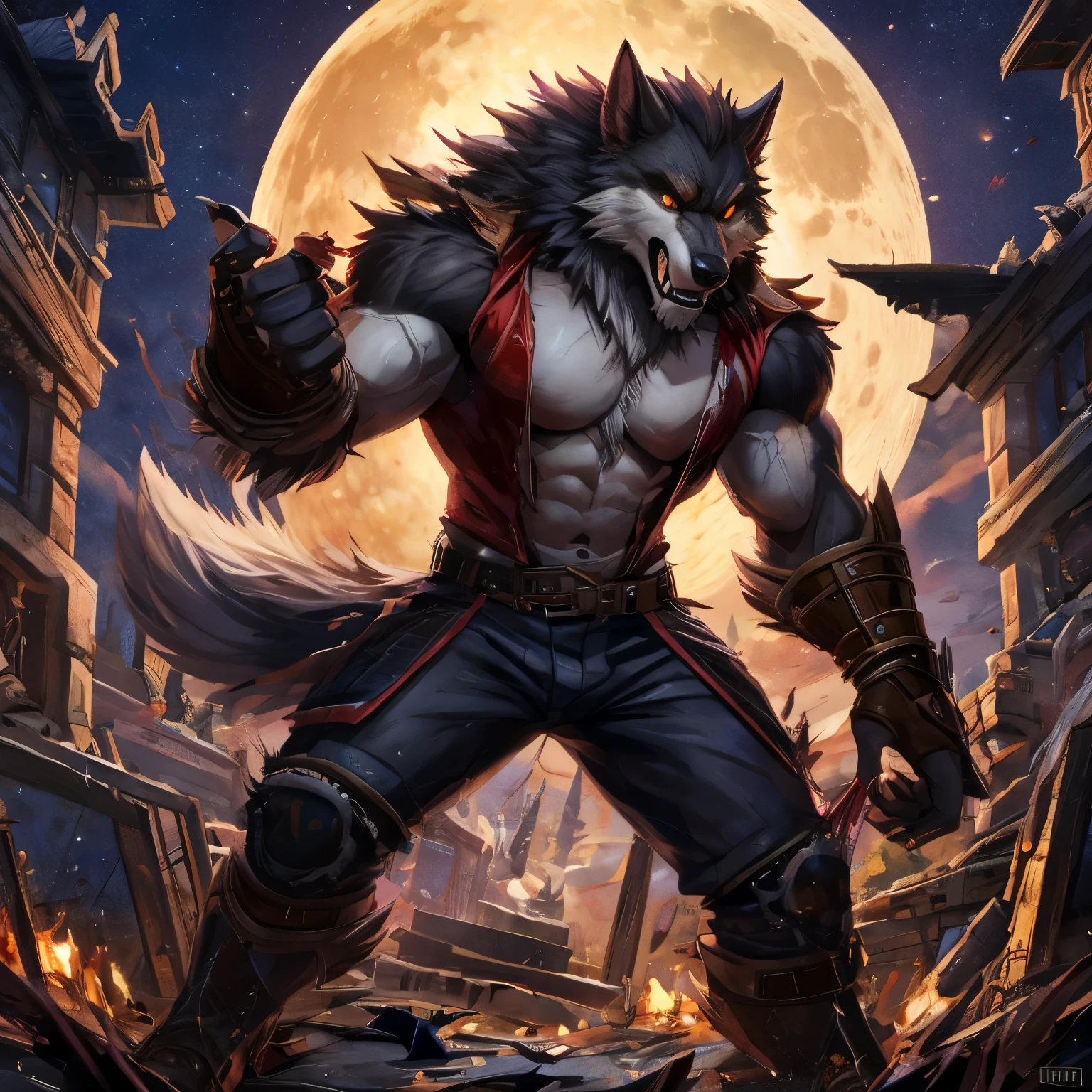 A Werewolf holding a realistic sword in 8k wearing Cyborg armor and looking at the viewer amazing red eyes Cityscape on top of a building a red full moon in the background