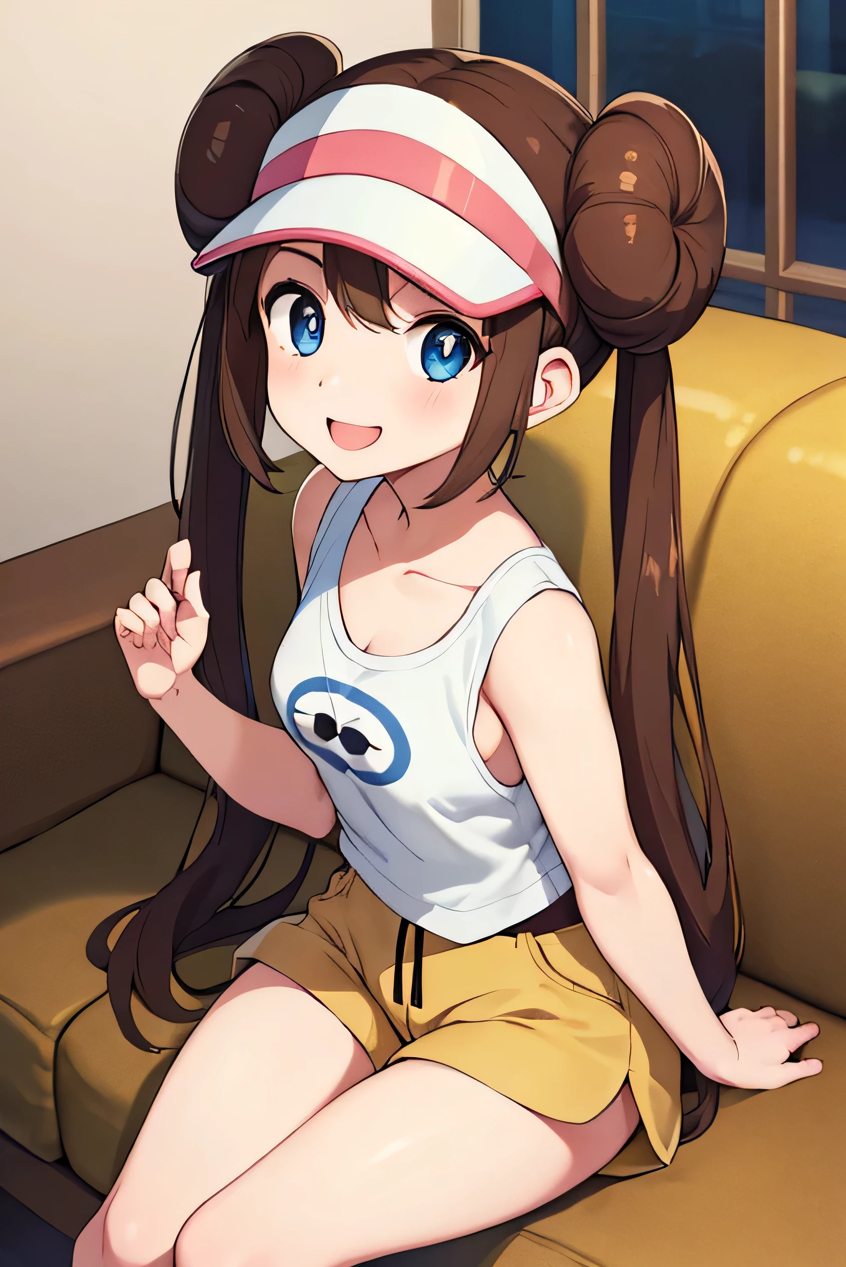 (masterpiece:1.3), (absurdres:1.3), (best quality:1.3), (ultra-detailed:1.3),(best shadow:0.7), (handled hair), perfect anatomy, 1girl, solo, rosa(pokemon), double bun, visor cap, hair bun, long_twintails, brown hair, blue eyes, hair between eyes, small breasts, sightly smile, beltbra, strapless, belt, all fours, pov, from above