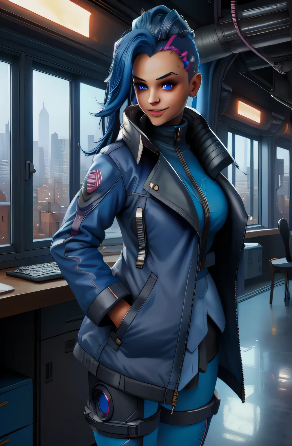 Shadow, Blue Hair, Asymmetrical hair, Two-tone hair , Blue eyes, Hair Cable, Hair to the side, smile, Elbow hand pockets, Blue jacket, pantyhose, Are standing, Upper Body, night, city, indoor, Computer (Very detailed, Beautifully detailed face, Beautiful attention to detail, masterpiece, Highest quality),alone, cyber punk,