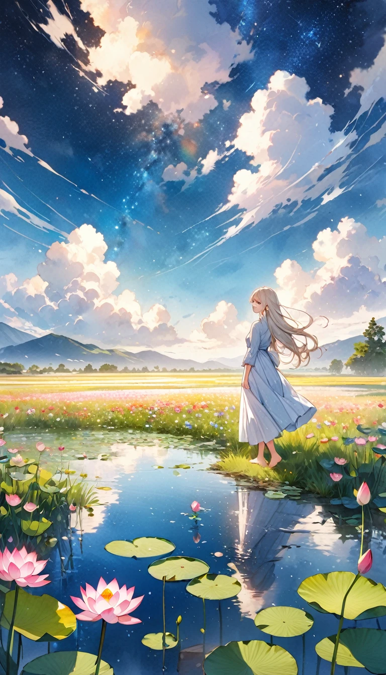 ((4K,masterpiece,Highest quality)), Watercolor,Lotus, A girl who dresses modestly, alone, Silver blonde long hair, smile, Are standing, barefoot,grassland,Starry Sky,Cloudy,There is a pond,Wildflowers are in full bloom,Vibrant colors,Illustration art,Anime Art,