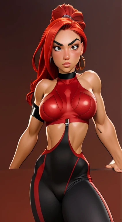 masterpiece, best quality, high resolution, highly detailed, HDR, intricate detail, ultra detailed, muscular woman with red straight hair, red eyes, eyebrows, wearing black sports underwear, spandex, lycra, huge breasts, upper body, simple background,