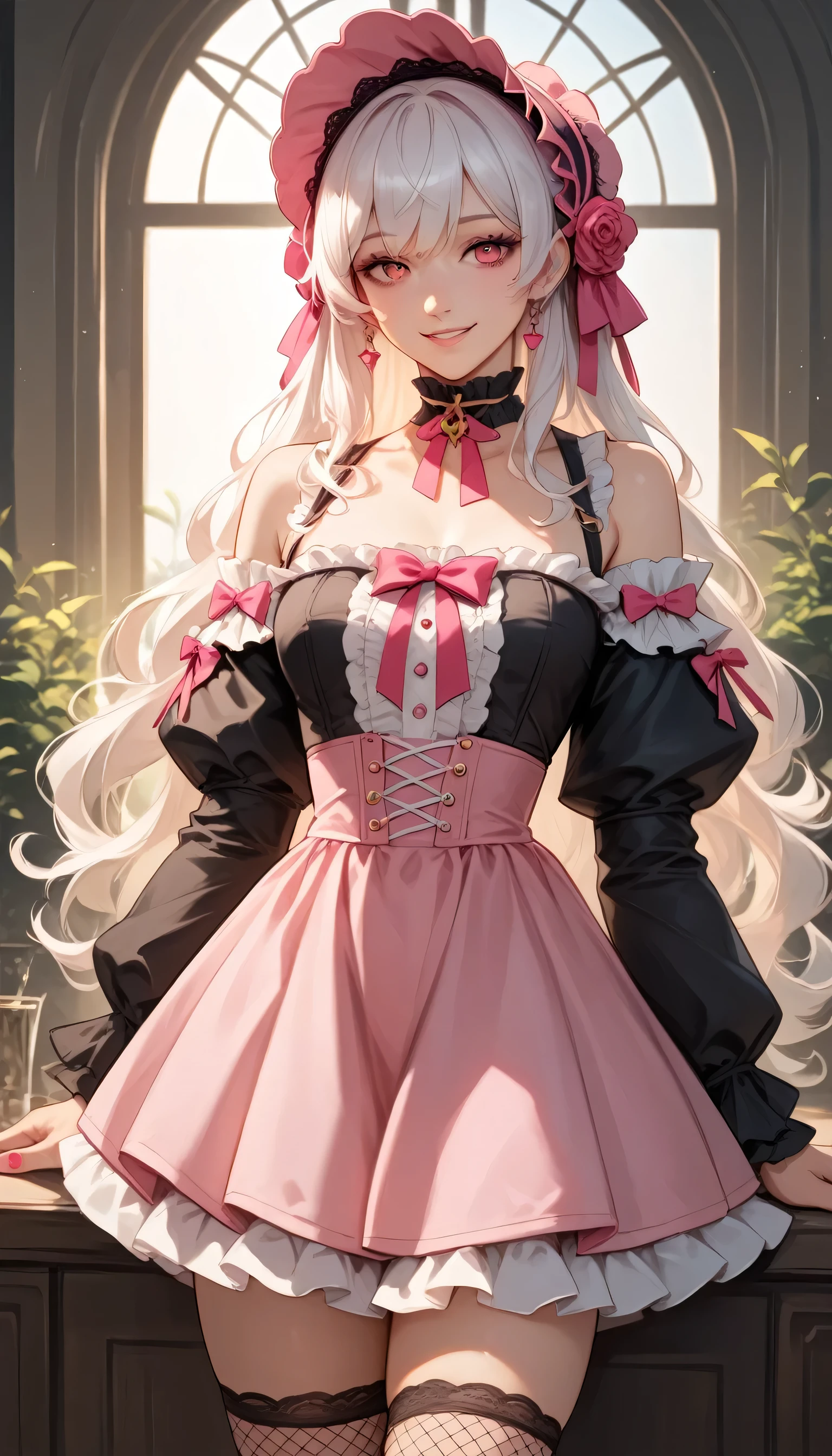 Izayoi Seishin artstyle, (score_9, score_8_up, score_7_up), (best quality, masterpiece),perfect anatomy,(aesthetic,very aesthetic),official style, (ultra-high resolution), 1girl, long wavy white hair, black lace-trimmed bonnet, black puffy sleeves off shoulder, (pink mini skirt), pink fishnet stocking, smile, playful and cute appearance