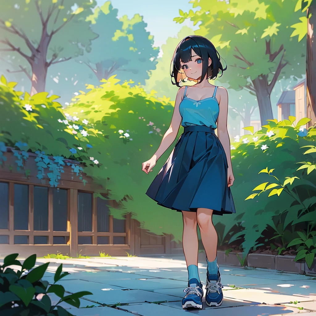 (high quality, High resolution, Very detailed, reality:1.37), Peaceful atmosphere, (Outdoor, garden),  girl standing alone, (my breasts are big.), Beautiful details, Cute Smile, (Black bob hair), camisole, Blue Skirt, Blue socks, sneakers.