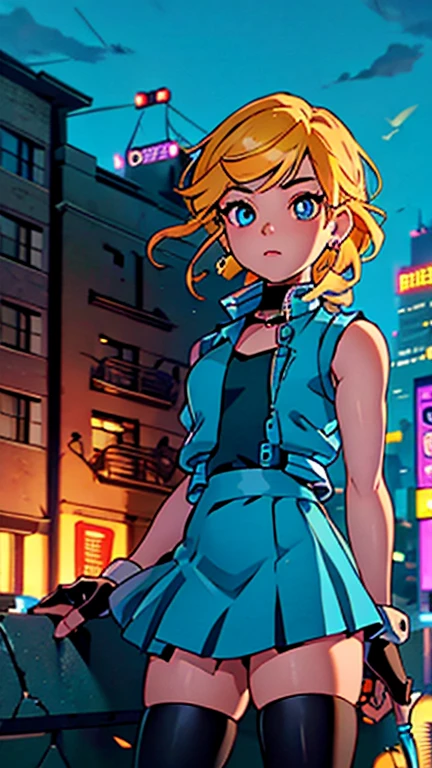 (Teens:1girl: ppgzbb), (extremely detailed CG unit 8k wallpaper),(master part), (best quality), (ultra detail), (best illustration),(city-scene-aso), cowboy shot, (Sharp eyeliner, ombre, detailed eyes:1), night, cyberpunk city, outdoor, ,break , (Ringo! Style), upper body, blue eyes, blonde hair, twin drills, hairclip, earrings, vest, blue skirt, short skirt