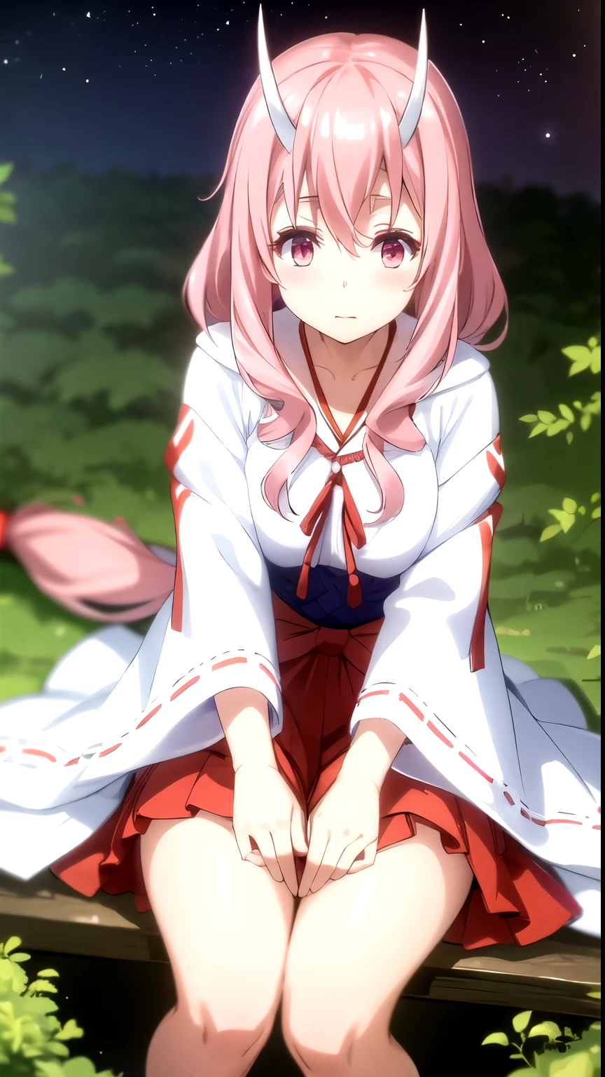 photorealistic, (4k), depth of field, (Masterpiece), (realistic skin texture), extremely detailed, intricate, hyper detailed, professional photography, bokeh, high resolution, sharp detail, best quality, girl, red and white kimono, long hair, pink hair, pink eyes, horns, touching toes ,  dark  forest, moonlight, forest path, outdoors, (night:1.3), moon, stars, night sky,