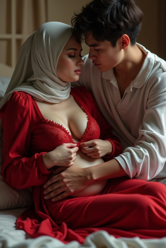 a beautiful Indonesian woman wearing a hijab, slim, 32 years old wearing a robe with the buttons open, visible bra, is massaging the stomach of a teenage boy on the bed