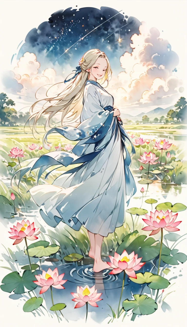 ((4K,masterpiece,Highest quality)), Watercolor, A girl who dresses modestly, alone, Silver blonde long hair, smile, Are standing, barefoot,grassland,Starry Sky,Cloudy,There is a pond,Lotus,Wildflowers are in full bloom,Vibrant colors,Illustration art,Anime Art,