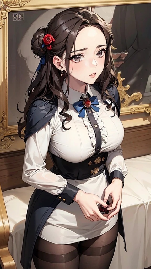 Brown black hair, black eyes, White skin, Oval face, Atmospheric facial features, High target, Confident and powerful, Firm and plump, High school girl, Uniforms, Curly hair, Hair Bun, With hairpin, Red rose, Blue Butterfly, White Rabbit, Card, Official quality, mystery, Light and Shadow, Correct proportions, aesthetics, atmosphere,