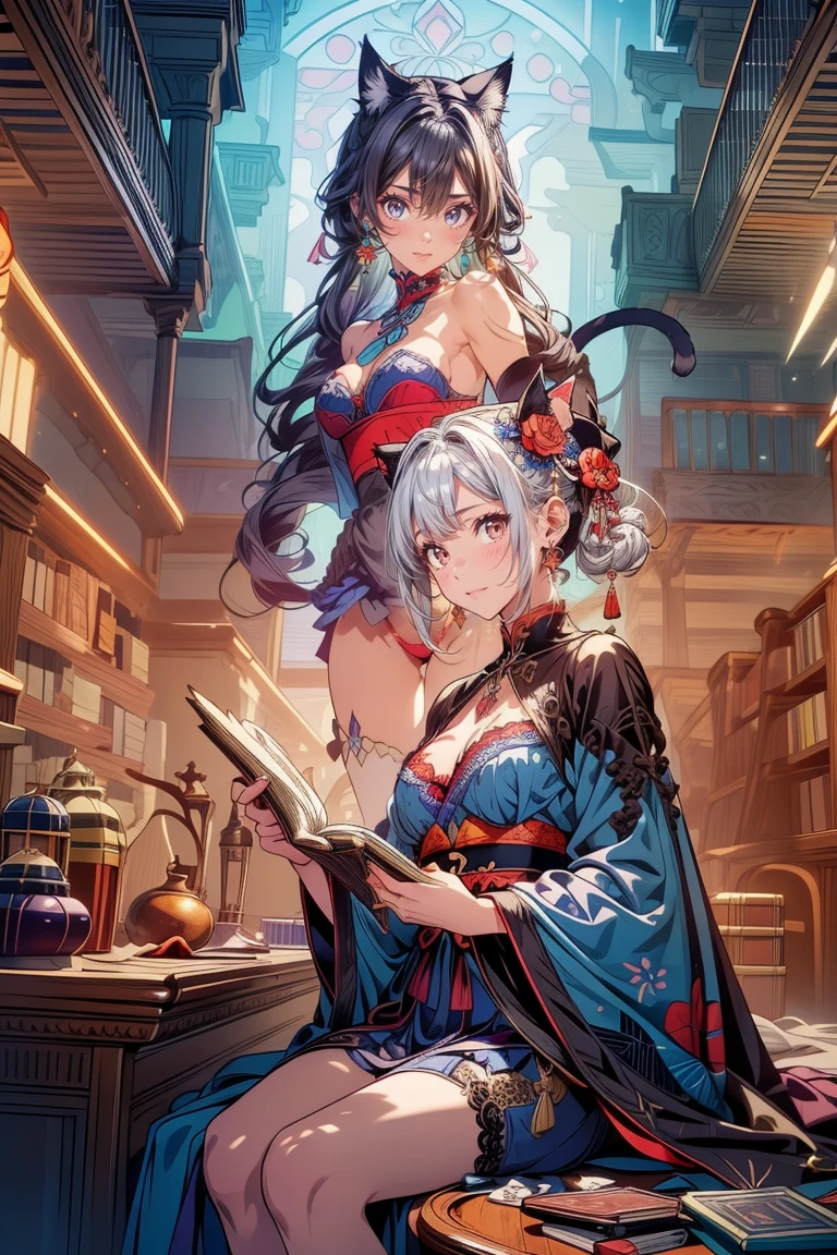 (Highly detailed face, avert your eyes), (Gothic fantasy illustration & Ukiyo-e & Comic art), (1 female, 2. Cat), (She's turning away, An open book of spells on a desk in her magical lab, holding a cat with both hands), (A young dark elf woman with white hair, Blunt bangs, Bobcut, dark purple skin, Lavender eyes), break (She is wearing a sky blue lace cape dress and red sandals), break (A big cat with blue eyes lies beside her), break (background, I can see shelves filled with magical books and items.)