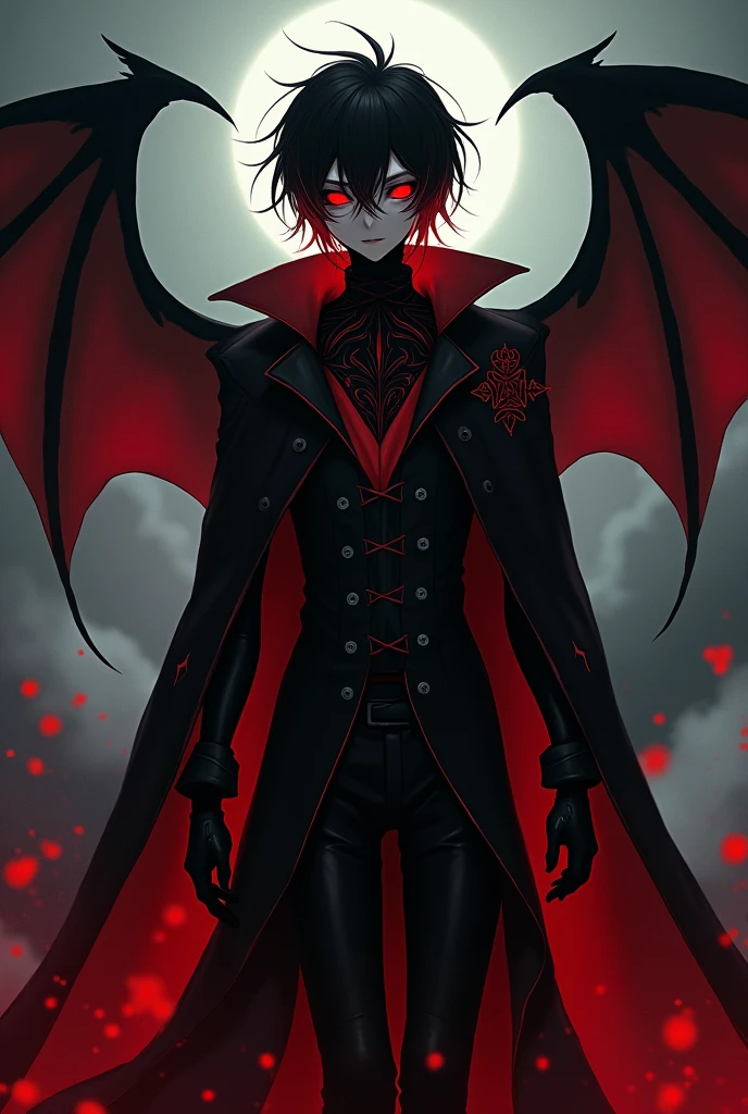 Basil Celestine is a 5'11 vampire. He has pale skin and red eyes. He has medium length black hair. His vampire features include fangs, pointy ears, talons, superhuman strength, a thirst for human blood, and the ability to transform into a bat. Basil is a very independent and strong person. He is considered the "emo" kid and tends to be a bit socially awkward. When Basil is feeling confident, he tends to be rather flirty. Basil goes by He/Him pronouns. Basil is bisexual. Flirty, Emo, Stoic, Smart