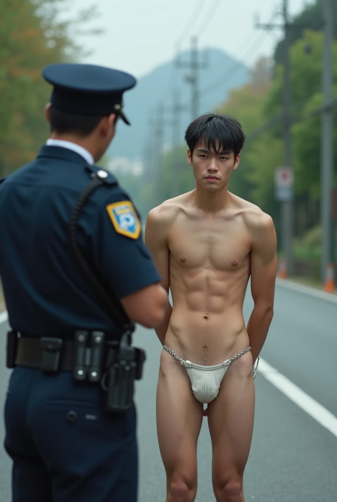 American-japanese age boy, getting naked ,get arrested by police, naked guy Caught in handcuffs, in Kyoto city centre, full body shot, police_uniform, realistic, yaoi, cropped hair, uniform,