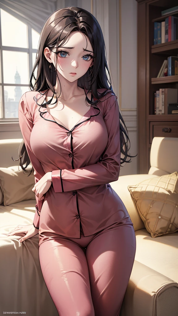 Wearing sexy pajamas, Beautiful figure, flirtatious, study room, sofa, Random charming movements, Facing the camera, full of imagination, First Love