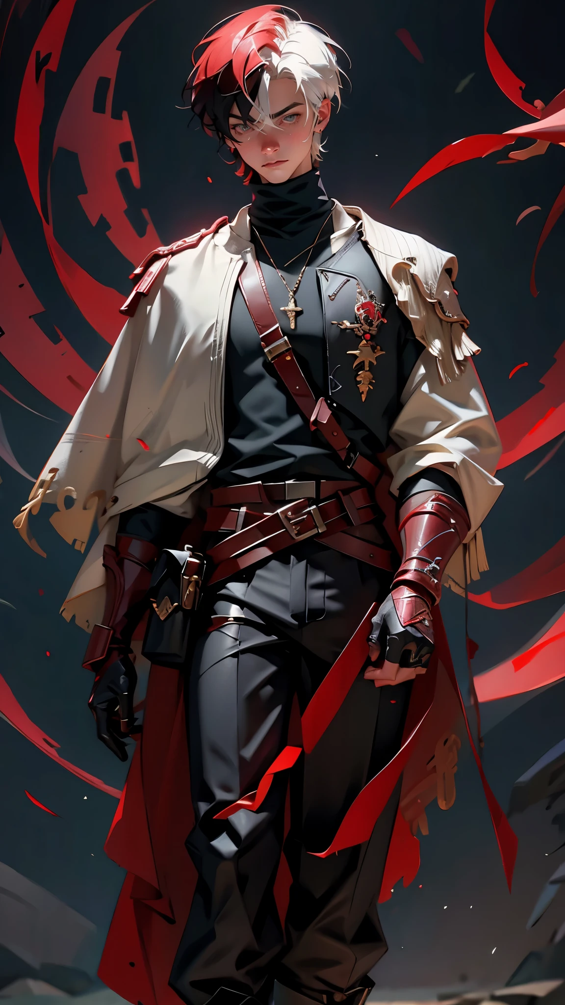 envision a 8k, highres, cinematic, detailed, semi realistic full body pinup of a handsome Man, strong jaw, a skinny short body, clean shaved, and white and red hair, multicolored hair, red eyes, Bandit armor, cloth armor, leather, pants, boots, (((1boy))), in dark lighting, against a dark background
