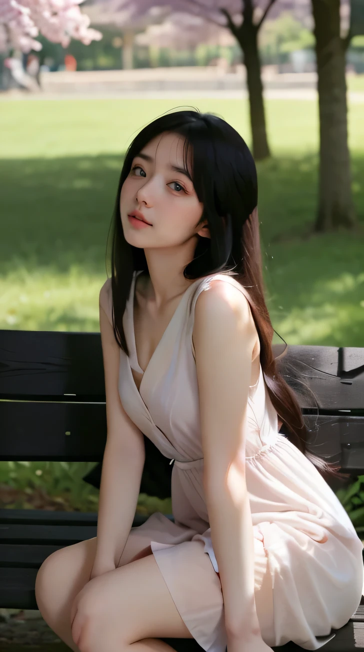 An anime-style scene set in a sunny park during the spring, with cherry blossoms floating in the air. A playful young woman with long, flowing hair is sitting on a bench, leaning forward slightly with a mischievous smile. ((She’s wearing a short, flowy dress that flutters in the breeze, revealing a hint of her panties in a teasing yet innocent way.)) The sunlight filters through the trees, casting soft shadows, while the playful atmosphere is enhanced by birds chirping and petals drifting down around her