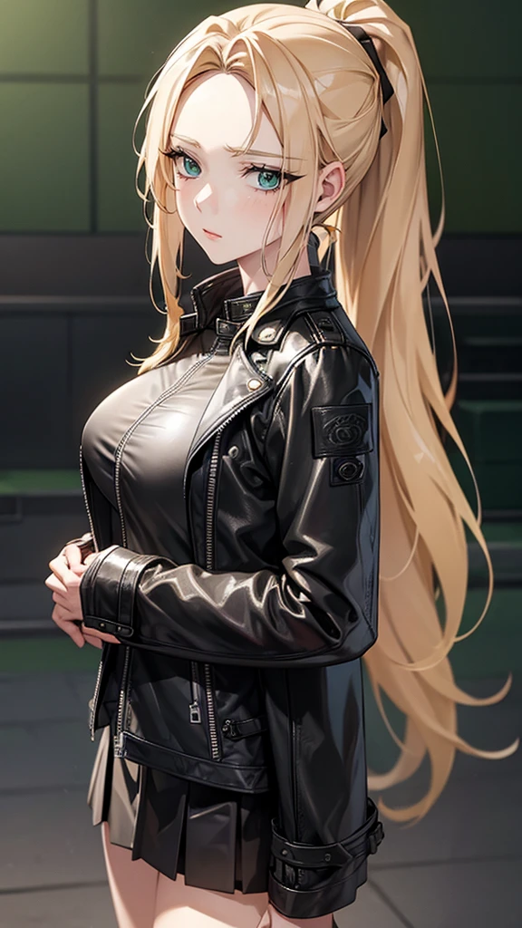 1 Girl, Solitary, Face, portrait, Long hair, Ponytail, Blonde Hair, Green Eyes, Large Breasts, (Black leather jacket:1.2) , cleveage,  School, Face红, Looking at the audience, 