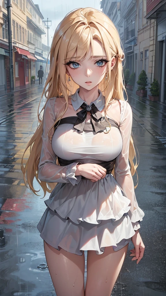 ((best quality, 8K, masterpiece:1.3)), Key Points:1.2, Perfect body beauty:1.4, Hips:1.2, ((Layered Hairstyle, breast:1.2)), (Wet clothes:1.1) , (rain, street:1.3), Bandeau dress: 1.1, Highly detailed face and skin textures, Beautiful eyes, Double eyelids, Skin Whitening, Long hair, (Residence: 1.3)