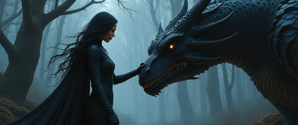 Black and brown pelagrm female werewolf,green-eyed wearing a navy blue cape , is hugging a strong green reptilian male , wearing black cloak,