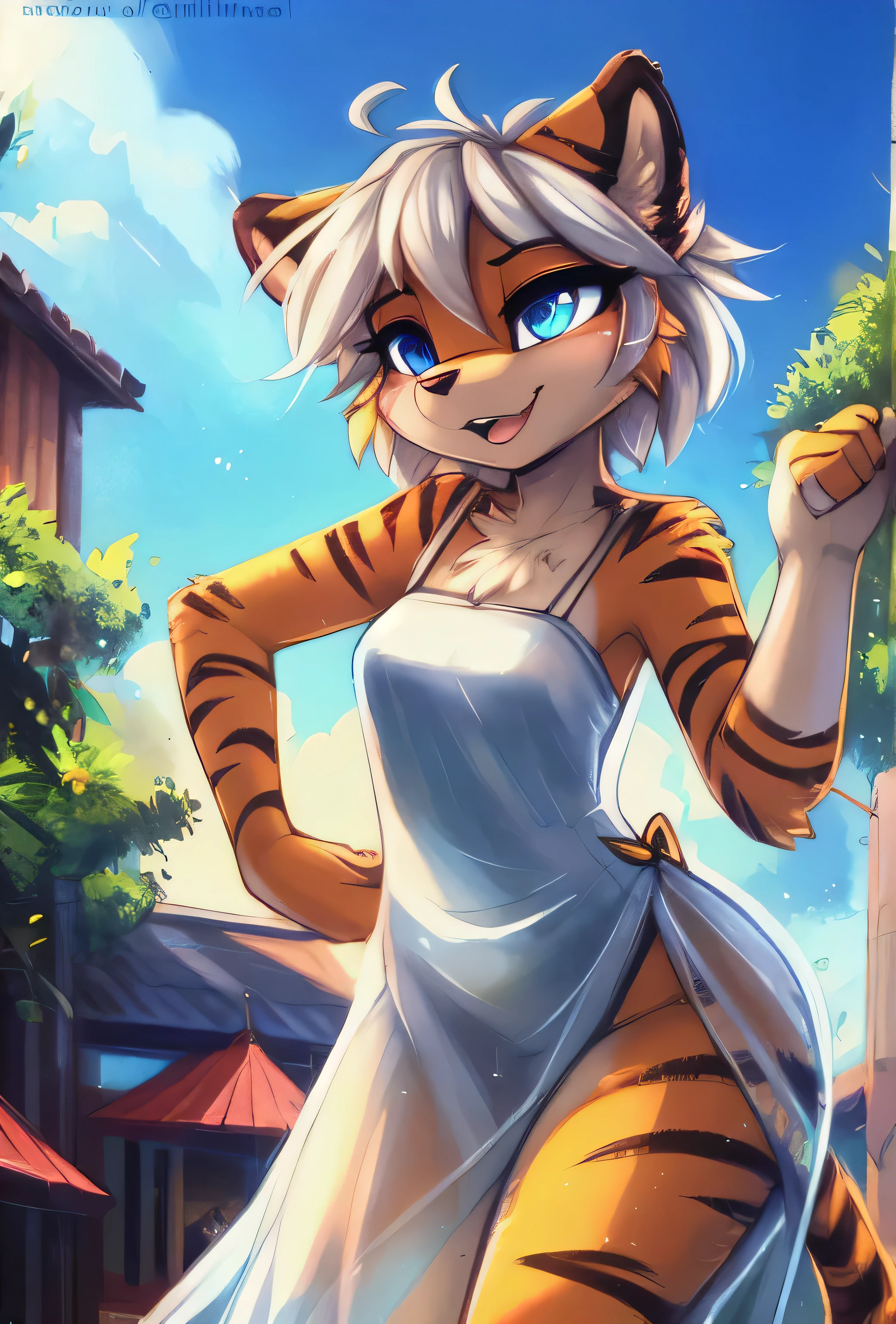 by kenket, Ross Tran, Ruen Jia, Socha, Get Out, by Zackary911, by Hyatt Lane, Theran, by Fumiko, by Pixelsketcher, by Bayard Wu, by Thomas Bain Jamin Kennington, by Einhelm, by Gilinah, by Coffee Soda, by Hioshiru, by Pui-Kevlar, by r-mk, by Dimwitdog, Alone. , post e621, beautiful and detailed portrait of a female (((woman))) anthro tiger, cinematic lighting, attractive, with, tiger, thighs, small breasts, full body, beautiful, short hair, messy hair , brown hair, young (18 years old), green eyes, white dress (see-through dress), white stockings, cheerful expression, Bangkok city background, Thailand