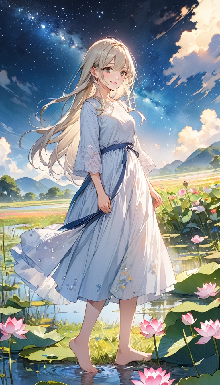 ((4K,masterpiece,Highest quality)), Watercolor, A girl who dresses modestly, alone, Silver blonde long hair, smile, Are standing, barefoot,grassland,Starry Sky,Cloudy,There is a pond,Lotus,Wildflowers are in full bloom,Vibrant colors,Illustration art,Anime Art,