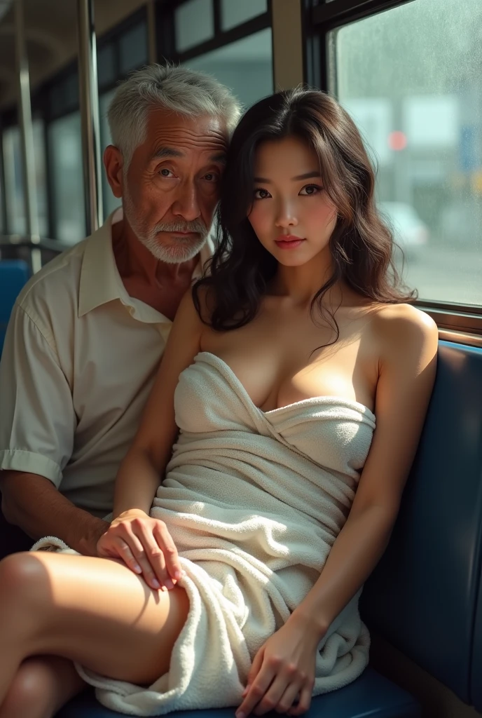 A naked teenage girl and an old man embrace and have sex. He is very close to her. He lifts her onto his lap and fucks her. He is sitting on a bench. He is naked. On a deserted railway platform in the countryside.