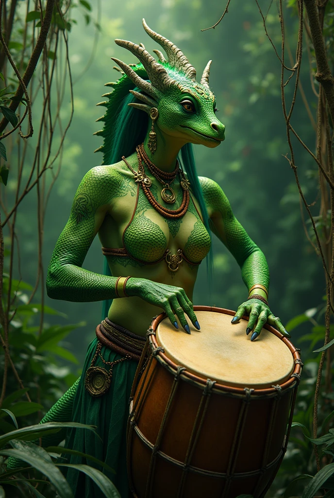 Short-snouted female reptilian, green and dark blue in color, bathe under a waterfall at night,  in a magical forest.  She with her arms raised,  relaxed.
She wears a gold accessory on her waist and tail. 