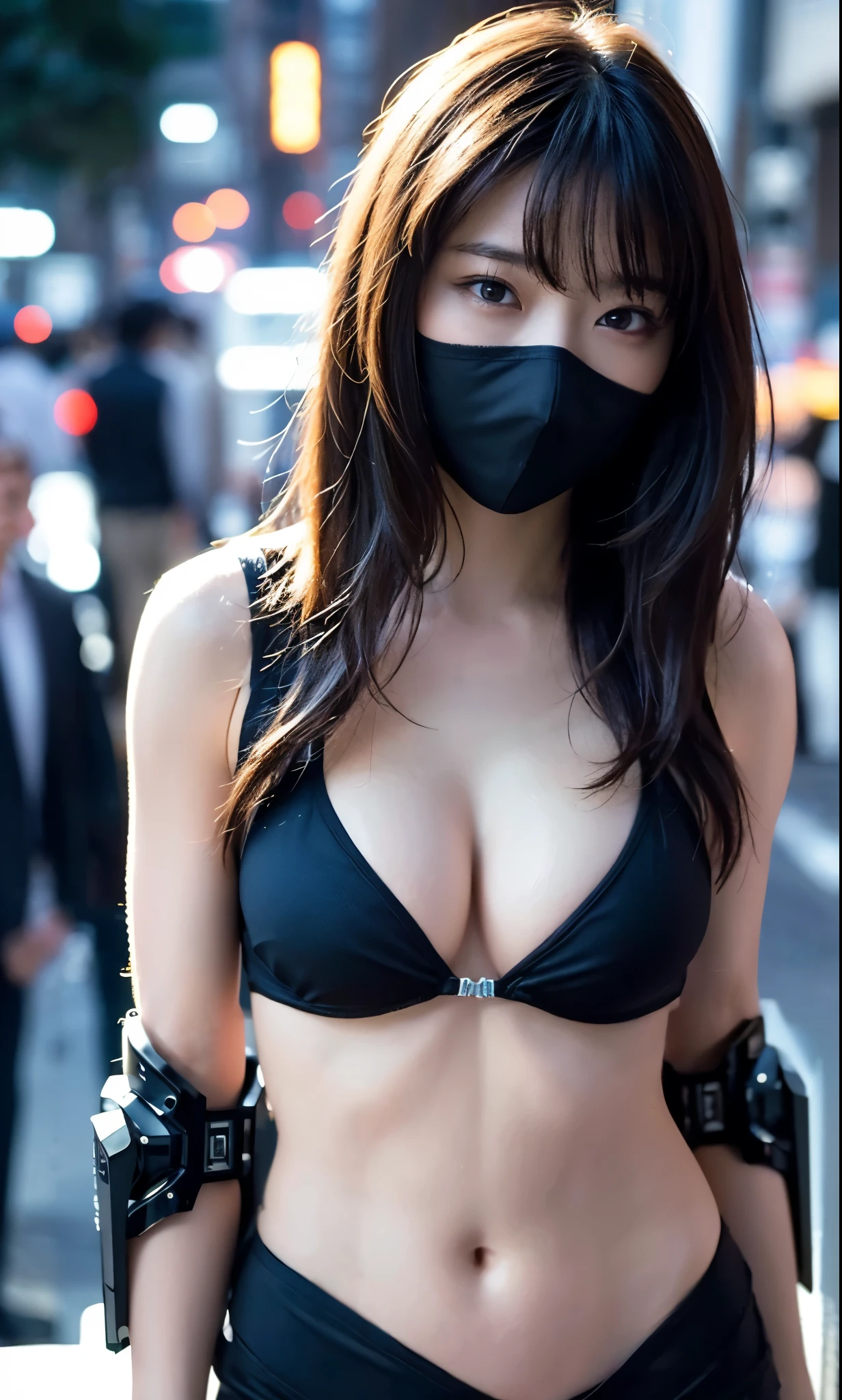 ((best quality)), ((masterpiece)), (detailed), (((perfect face))), (((hot asian girl))), (((there is a cyberpunk city in the background))), ((big boobs)), ((black and red latex cyber sexy dress)), ((her clothes are very torn in several places)), (((detailed face))), perfect body, ((good anatomy)), (((big tits))), (((black long hair))), (((her eyes are covered by a black carbon VR Gaming Headset))), (big ), ((push up )), (latex lingerie), (she wearing a black hood), , (((full body))), high heels platform boots
