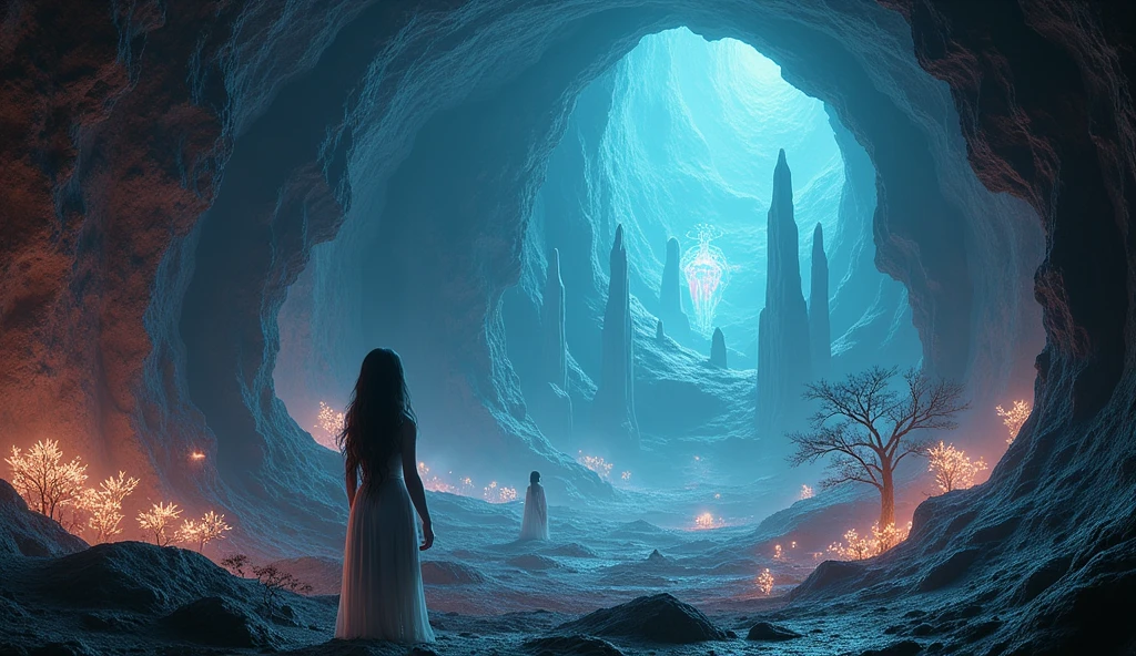 Deep within a cavern carved by ancient rivers, a woman with skin like polished obsidian stands before a towering wall of gemstone. Her touch awakens the slumbering stones, their colors swirling and morphing as she whispers forgotten languages. Hieroglyphs etched into her bare arms resonate with the cavern's energy, and around her dance wisps of glowing glow luminescent dust. Imagine the scene in the style of Escher or H.R. Giger, with a focus on the geometric beauty of the cavern and the woman's otherworldly connection to the stones. <lora:xl_more_art-full_v1:0.6>, <lora:add-detail-xl:1.0>, <lora:glowneon_xl_v1:1.0>