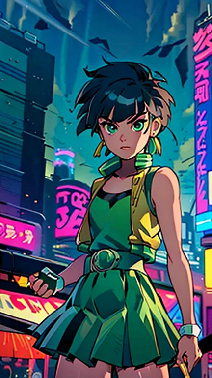 (Teens:1girl: ppgzbtc), (extremely detailed CG unit 8k wallpaper),(master part), (best quality), (ultra detail), (best illustration),(city-scene-aso), cowboy shot, (Sharp eyeliner, ombre, detailed eyes:1), night, cyberpunk city, outdoor, ,break , (Ringo! Style) - lora Style), upper body, green eyes, short hair, earrings, yellow vest, green skirt