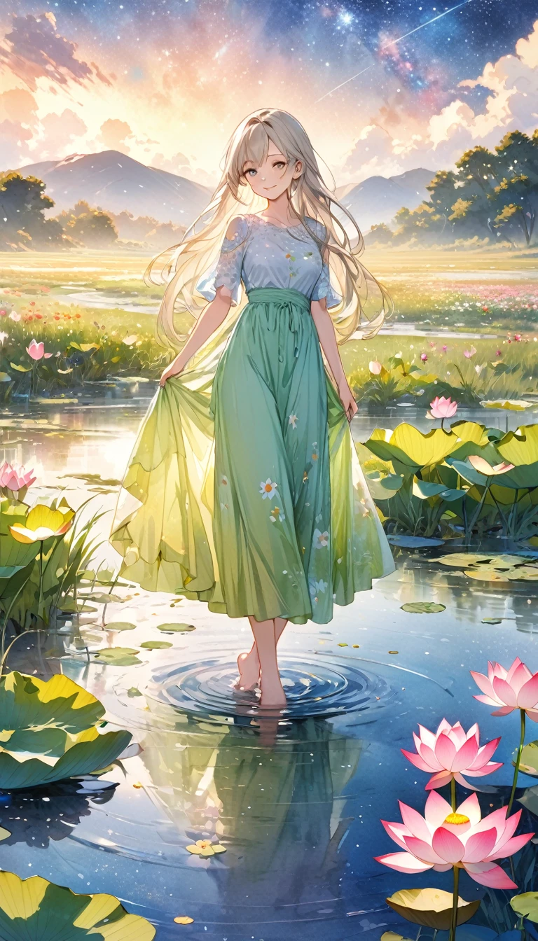 (4K,masterpiece,Highest quality), grassland,Starry Sky,Cloudy,There is a pond,Lotus,Wildflowers are in full bloom,Vibrant colors,Watercolor, A girl who dresses modestly, alone, Silver blonde long hair, smile, Are standing, barefoot,Illustration art,Anime Art,