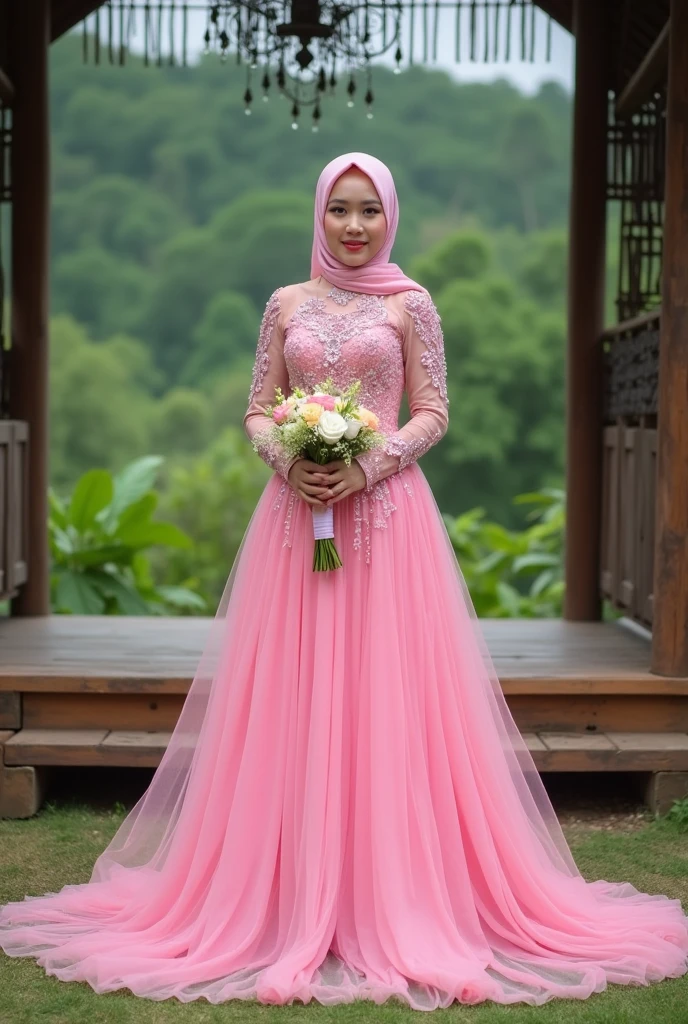 A hyderabadi 18 year old very fair skin wearing hot pink gararah with grey hijab her front hair is showing, she is wearing pink heels. There is flowers in the background. Her eyebrows arched it's a wedding that she's attending.