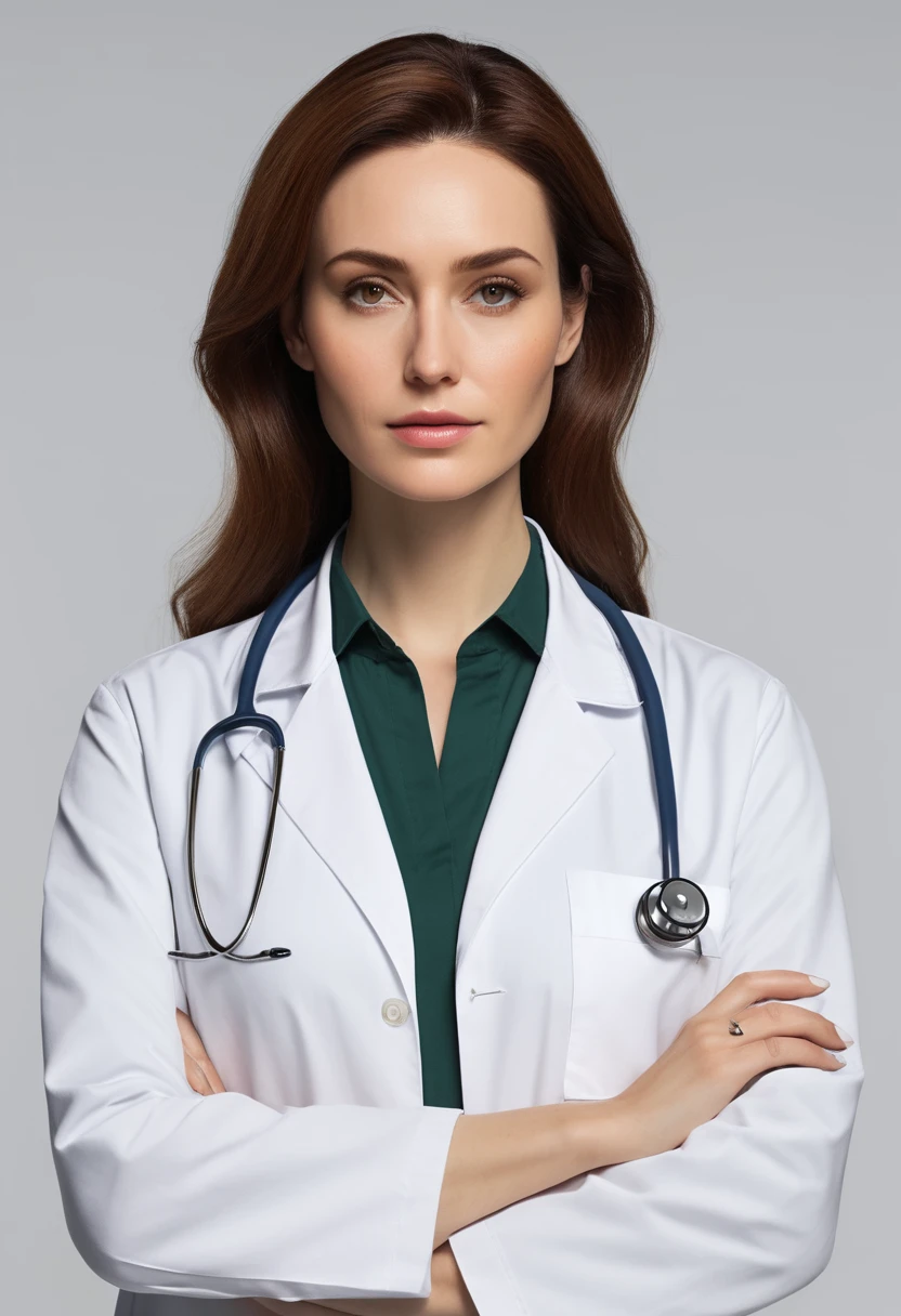 ultra realistic woman; ultra realistic main; in a white doctor&#39;s coat; lookin; slightly tanned skin ;ultra realistic ;is located in a doctor&#39;s office